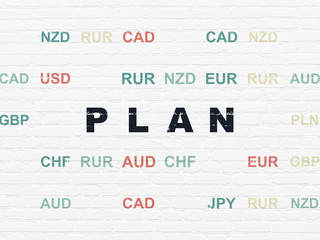 Finance concept: Painted black text Plan on White Brick wall background with Currency