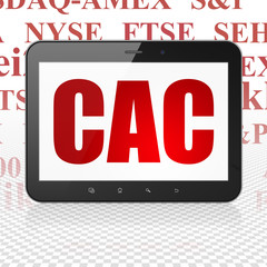 Stock market indexes concept: Tablet Computer with  red text CAC on display,  Tag Cloud background, 3D rendering