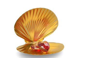 Golden sea shell with heart ruby isolated on white background. 3D illustration.