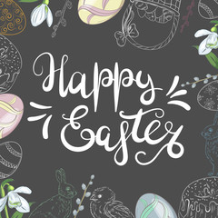 Easter background with traditional decorations. Easter greeting with colored eggs, festive cake, rabbit, etc. 