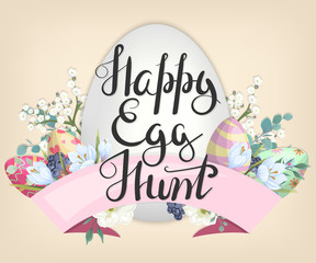 Happy egg hunt. Easter greeting card with colored eggs, ribbon and flowers