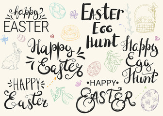 Happy Easter, Easter egg hunt. Hand-written greetings with different traditional Easter attributes