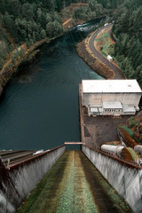 The epic view down the dam that forms the lake in Oregon called Detroit Lake
