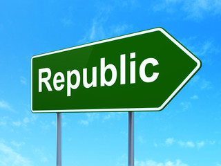 Politics concept: Republic on green road highway sign, clear blue sky background, 3D rendering