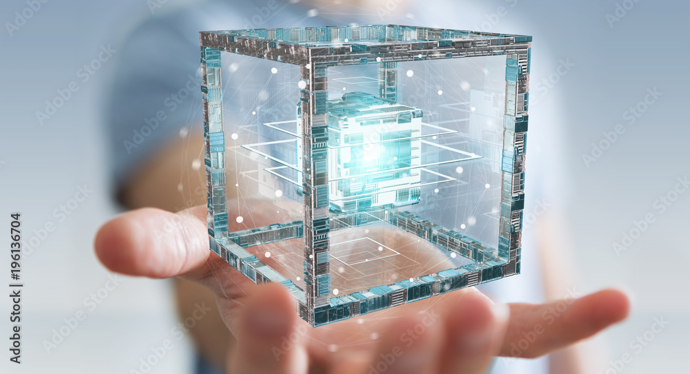 Fototapete Businessman using futuristic cube textured object 3D rendering