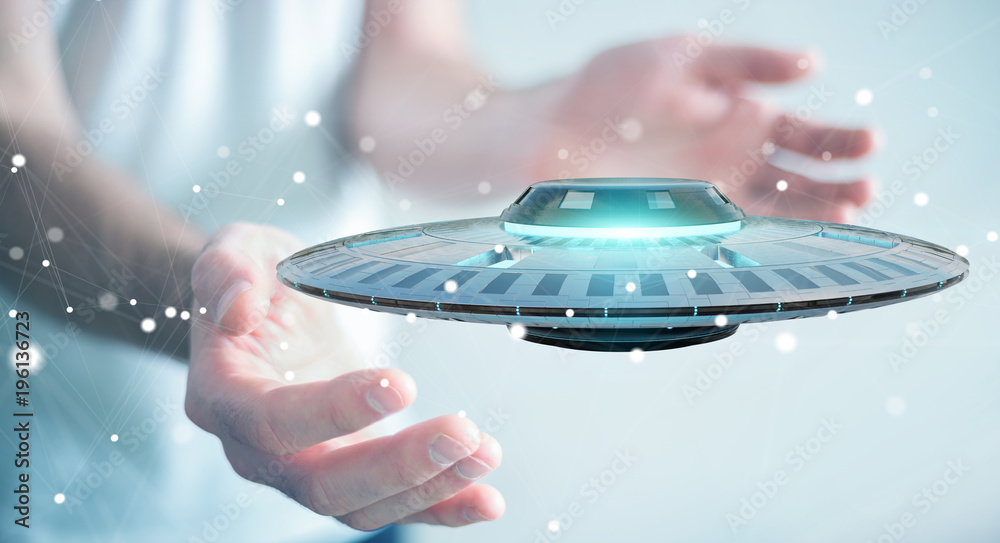 Poster Businessman with retro UFO spaceship 3D rendering