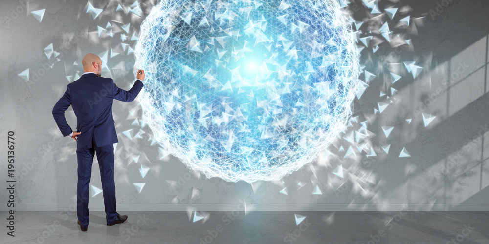 Poster Businessman using digital planet earth interface on a wall 3D rendering