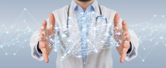 Doctor holding digital brain interface 3D rendering