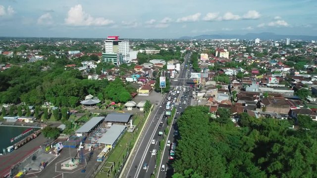 Yogyakarta city and traffic in aerial footage