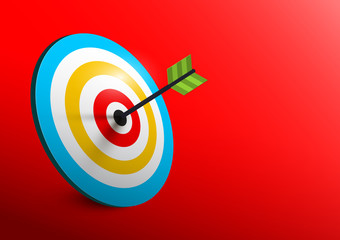 Vector 3d Target - Bullseye with Arrow - Dart on Red Background. Business Success Symbol.