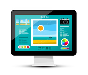Web Gallery on Screen. Photo Editing Software on Computer Monitor. Vector Photography Page Design.