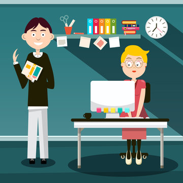 Secretary and Man with Book in Office - Vector Flat Design Cartoon