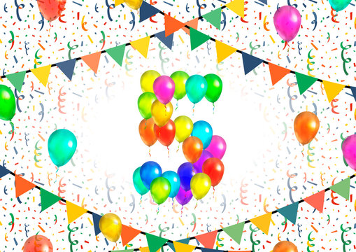 Number five made up from colorful balloons on white background with confetti