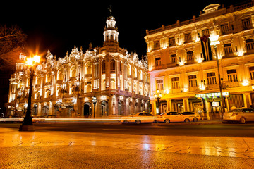 Night view of the Gran Teatro de La Habana (Great Theatre of Havana) and the famous hotel Inglaterra near the Central Park in Havana, Cuba