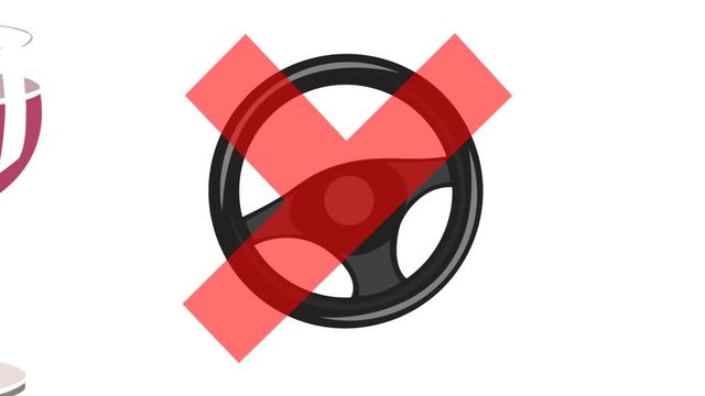 Motion video of a steering wheel and glasses of wine appearing, with a cross - drink driving warning
