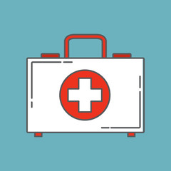 Obraz premium Medical first aid kit of ambulance. Equipment for treatment of patients. Small suitcase of doctors. Icon flat line art vector.Symbol white cross.Health, help and medical diagnostics concept.