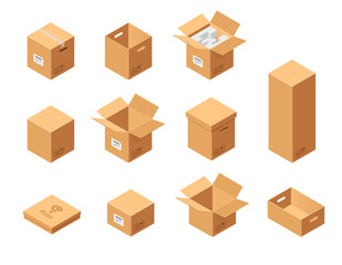Carton packaging boxes set. Isometric view. Different size and format. Closed and open packages on white background.