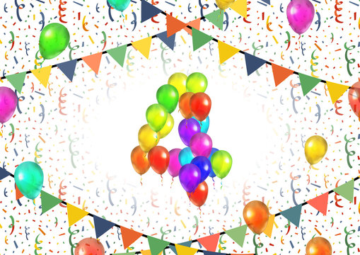 Number four made up from colorful balloons on white background with confetti