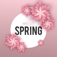 Hello Spring, floral greeting card, paper flowers. Banner with r
