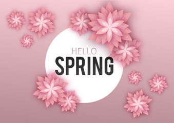 Hello Spring, floral greeting card, paper flowers. Banner with r