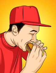 Colorful vector illustration of a guy eating junk food. Man in a red cap holding burger in his hand. Unhealthy eating man in profile with open mouth and closed eyes
