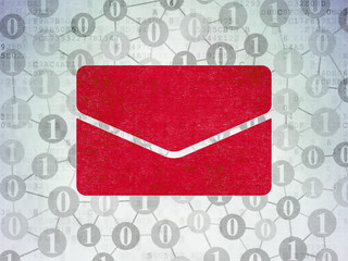 Finance concept: Painted red Email icon on Digital Data Paper background with Scheme Of Binary Code