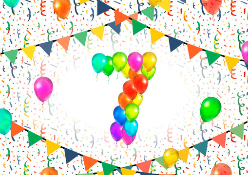 Number seven made up from colorful balloons on white background with confetti