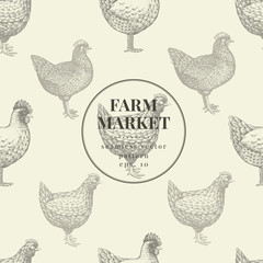 Seamless farm vector pattern. Graphical hen silhouette, hand drawn vintage illustrations. Retro farm birds background.