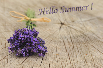 Hello summer ! Holiday card. Lavender on wooden background.