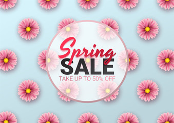 Spring sale floral advertizing poster, board. Banner with realistic flowers. Vector illustration