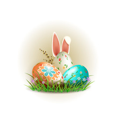 Easter eggs with rabbit ears, flowers and a willow branch.