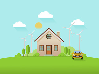 house with wind turbine and smart car. Flat vector illustration.