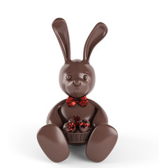 Chocolate easter bunny with eggs and red bow-knot . 3d render. Isolated on white