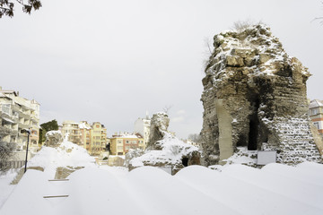 Roman term covered with fresh snow in Varna, Bulgaria.