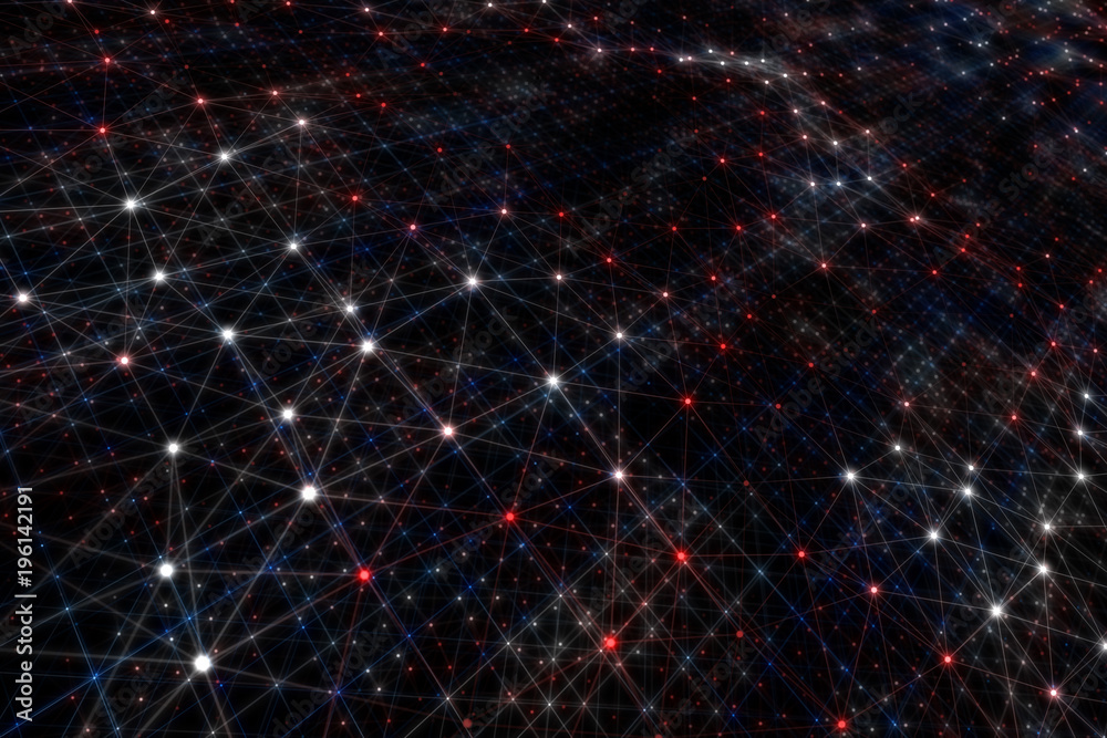 Poster artisitic blue red colored digital computer network with connected lines and dots illustration backg