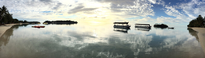 Panoramic landscape view of Muri lagoon at dawn in Rarotonga Cook Islands
