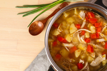 homemade chiken soup in metal pan. Top view