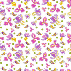 Seamless pattern pink purple iris, no background