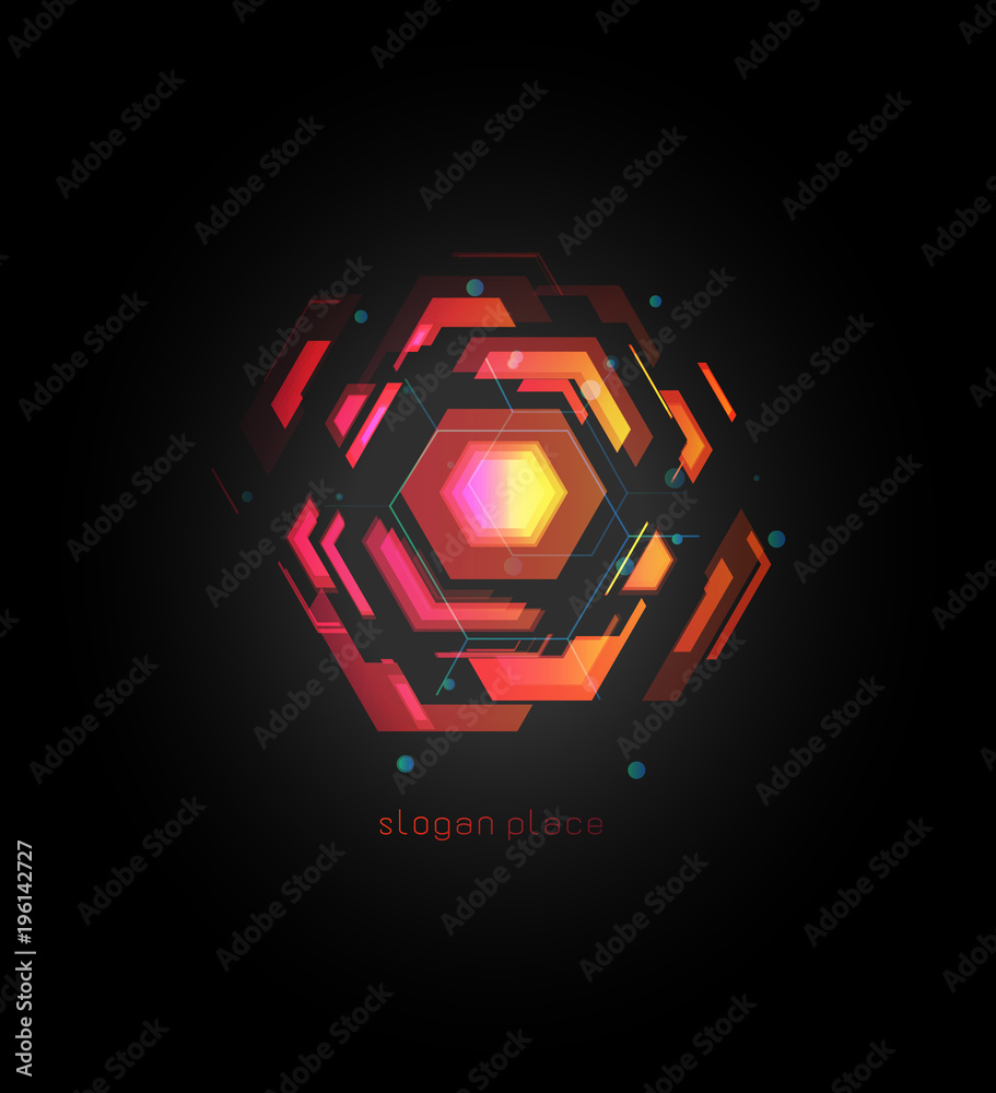 Poster Virtual reality abstract colorful vector logo template. Innovative technologies digital design effect logotype on black background.