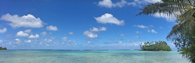 Panoramic landscape view of Muri lagoon at midday in Rarotonga, Cook Islands