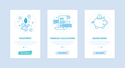 Investment, financial calculations, saving money. User interfaces, screens phones.