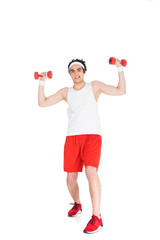 Young thin man in sportswear with dumbbels in hands isolated on white