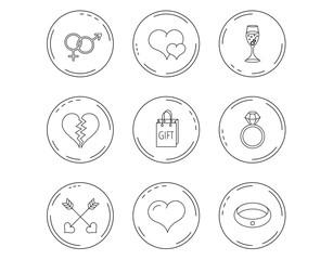 Love heart, gift box and wedding ring icons.