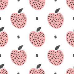 Cute seamless pattern with apples and polka dots. Drawn by hand.