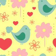 Cute seamless pattern with abstract birds, flowers and hearts. Drawn by hand. Endless print for children.