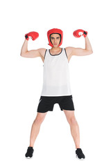 Thin boxer in helmet and gloves showing muscles isolated on white