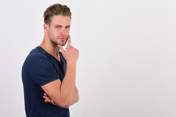 Man with fair hair on white background. Guy with bristle