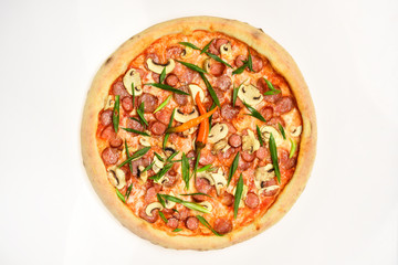 Pizza with sausages, mushrooms and green onions