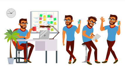 Business Man Character Vector. Working Hindu, Man. Team Room. Brainstorming. Environment Process In Start Up Office. Programmer, Designer. Code. Javascript. Cartoon Business Character Illustration