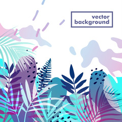 Tropical background in trendy style with palm leaves and memphis elements. Vector illustration for banner, greeting card, poster and advertising.
